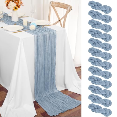 Teruntrue 12 Stück Tischläufer Blau 55x300 cm Staubiges Blau Boho Gaze Käsetuch Tischläufer für Hochzeit, Party, Babyfeier, Brautshower, Geburtstag-Dekorationen von Teruntrue