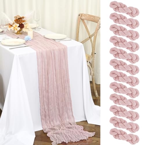 Teruntrue 12 Stück Tischläufer Rosa 55x300 cm Staubiges Rosa Boho Gaze Käsetuch Tischläufer für Hochzeit, Party, Babyfeier, Brautshower, Geburtstag-Dekorationen von Teruntrue