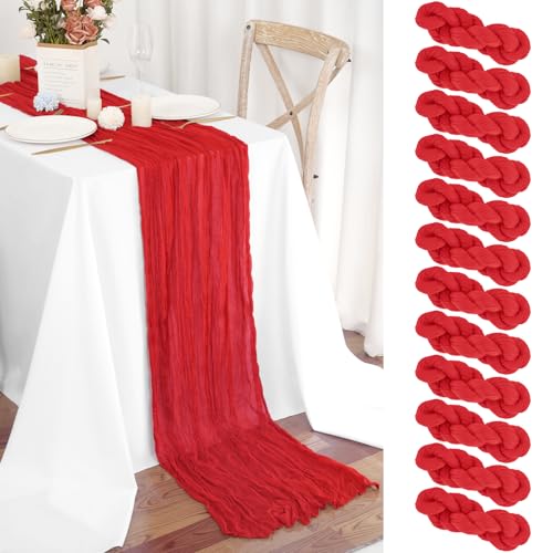 Teruntrue 12 Stück Tischläufer Rot 55x300 cm Boho Gaze Käsetuch Tischläufer für Hochzeit, Party, Babyfeier, Brautshower, Geburtstag-Dekorationen von Teruntrue