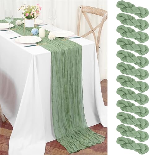 Teruntrue 12 Stück Tischläufer Salbeigrün 55x300 cm Boho Gaze Käsetuch Tischläufer für Hochzeit, Party, Babyfeier, Brautshower, Geburtstag-Dekorationen von Teruntrue