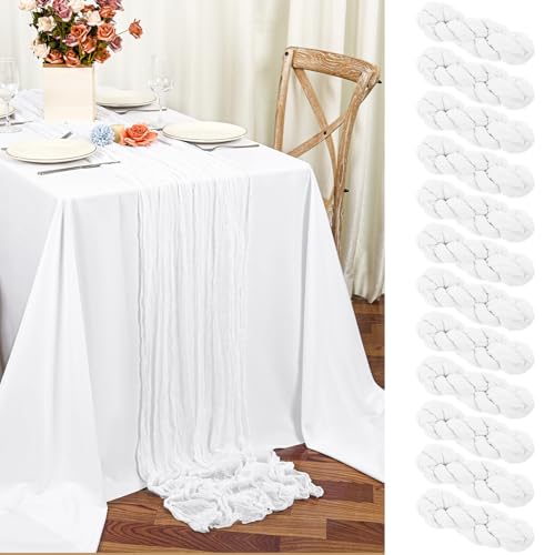 Teruntrue 12 Stück Tischläufer Weiß 55x300 cm Boho Gaze Käsetuch Tischläufer für Hochzeit, Party, Babyfeier, Brautshower, Geburtstag-Dekorationen von Teruntrue