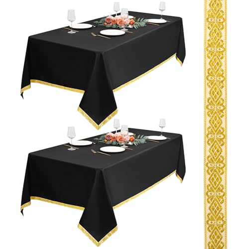Teruntrue 2er-Set Schwarze Tischdecken 153x260cm aus Polyester mit Goldfaden-Jacquardkante, Knitterresistent für 1,8m Tische – Premium-Tischwäsche für Hochzeiten, Partys, Banketten von Teruntrue
