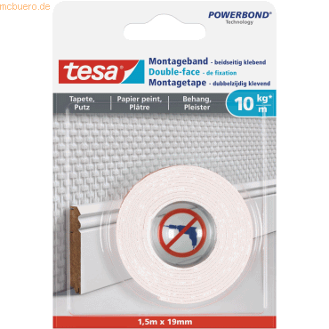 10 x Tesa Montageband für Tapeten und Putz 1,5mx19mm (10kg/m) weiß von Tesa