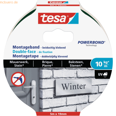 Tesa Montageband für Mauerwerk und Stein 5mx19mm (10kg/m) transparent von Tesa