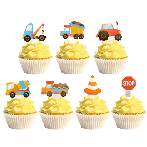 24 Stück Muffin Deko Bagger, Baustelle Cupcake Deko, Baufahrzeug Cupcake Topper Torte Kuchen Deko, Straßenschild Theme Geburtstag Party Tortendeko Kuchendeko Geburtstagsdeko für Kinder Junge von Teselife