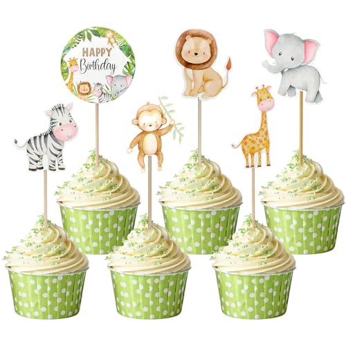 24 Stück Muffin Deko Tiere, Dschungel Cupcake Deko, Safari Cupcake Topper Torte Kuchen Deko, Waldtiere Theme Geburtstag Party Tortendeko Kuchendeko Geburtstagsdeko für Kinder Junge von Teselife