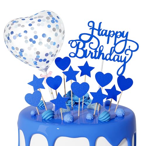 Blaue Happy Birthday Kuchenaufsätze, 14 Stück, königsblau, Happy Birthday Schild mit Stern Herz Cupcake Topper Ballons für Jungen Mädchen Frauen Jahrestag Party Dekorationen von Teselife