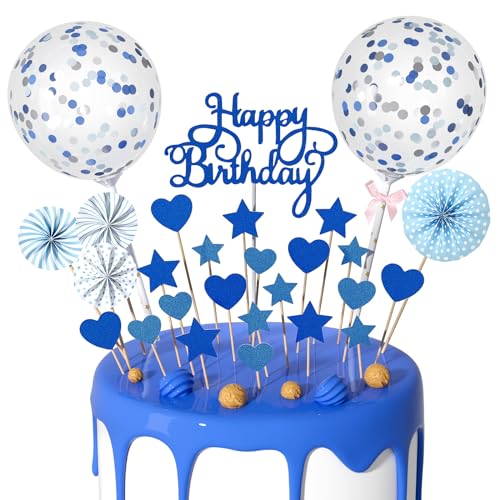 Blaue Happy Birthday Kuchenaufsätze, 27 Stück, königsblau, Happy Birthday Schild mit Stern-Herz, Papierfächer, Cupcake-Topper, Luftballons für Jungen, Mädchen, Frauen, Jahrestag, Party von Teselife
