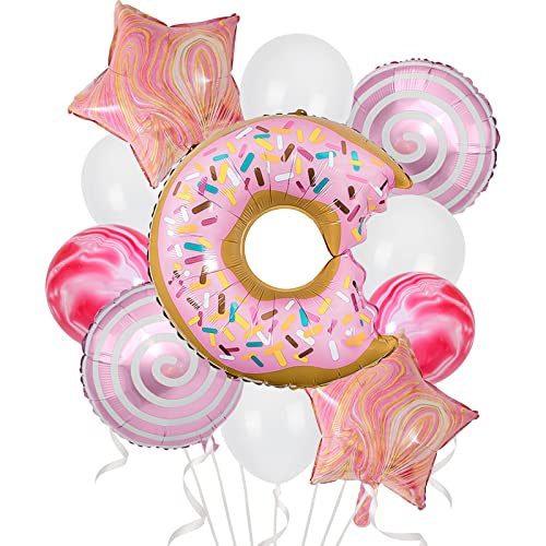 Donut Folienballons Set Krapfen Geburtstagsdeko Folien-luftballons Stern-ballon Rosa Achat Latex Helium Ballons für Mädchen Kindergeburtstag Donut Thema Baby Shower Süßigkeiten Party Deko von Teselife
