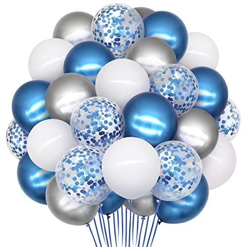 Luftballons Blau Weiß Silber 50 Stück 12 Zoll Latex Helium Luftballons Metallic Blau Ballons Silber Konfetti Luftballons für Geburtstag Hochzeit Taufe Baby Party Deko (Blau) von Teselife