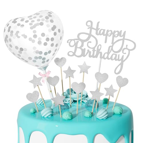 Silberne Happy Birthday-Kuchenaufsätze, 14 Stück, personalisierbar, Happy Birthday-Schild mit Stern-Herz-Cupcake-Topper, Luftballons für Jungen, Mädchen, Frauen, Jahrestag, Party-Dekorationen von Teselife