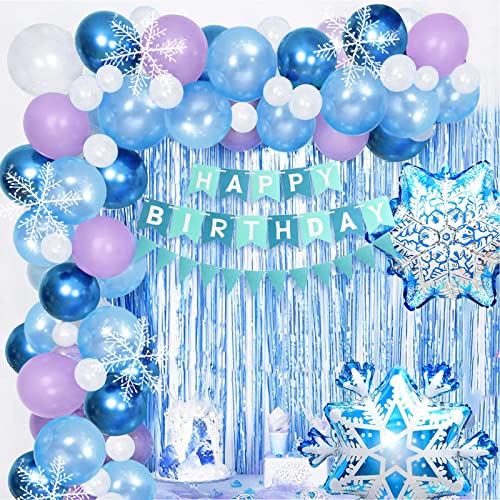 Teselife Frozen Geburtstagsdeko Dekorationen Mädchen, Frozen Schneeflocke Luftballons Set Blau Weiß Prinzessin Geburtstags Party Luftballons mit Schneeflocke Geburtstags Banner Quasten von Teselife