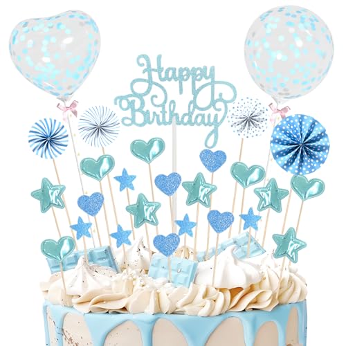 Teselife Happy Birthday Cake Toppers Kit Blue Theme Birthday Cake Topper Glitter Cupcake with Star Heart Paper Fans Confetti Balloon 28pcs Romantic Topper for Men Boys Birthday Party Cake Decorations von Teselife