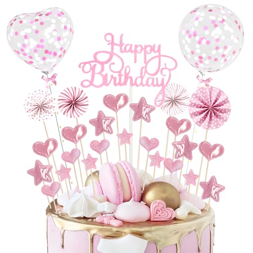 Teselife Happy Birthday Cake Toppers Kit Pink Theme Birthday Cake Topper Glitter Cupcake with Star Heart Paper Fans Confetti Balloon 28pcs Romantic Topper for Women Girls Birthday Party Decorations von Teselife