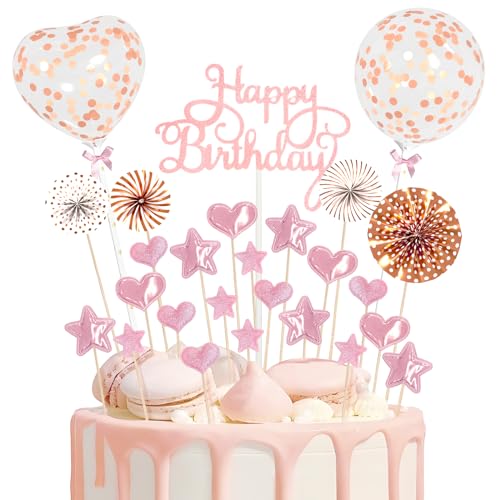 Teselife Happy Birthday Cake Toppers Kit Rose Gold Theme Birthday Cake Topper Glitter Cupcake with Star Heart Paper Fan Confetti Balloon 28pcs Romantic Topper for Women Birthday Party Cake Decoration von Teselife