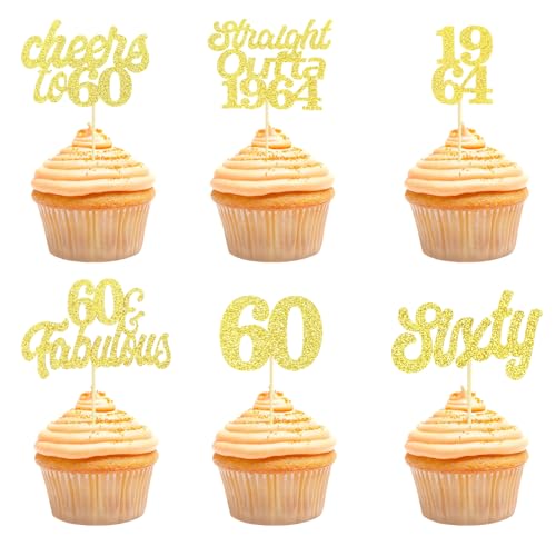 Teselife Tortendeko 60 Geburtstag Frau Mann, 24 Stück Glitzer Gold 60. Geburtstag Cupcake Topper Geburtstagsdeko von 1964 für 60er Geburtstag Party Torten Kuchen Deko Teselife Tortendeko 60 Geburtstag Frau Mann, 24 Stück Glitzer Gold 60. Geburtstag Cupcake Topper Geburtstagsdeko von 1964 für 60er Geburtstag Party Torten Kuchen Deko von Teselife