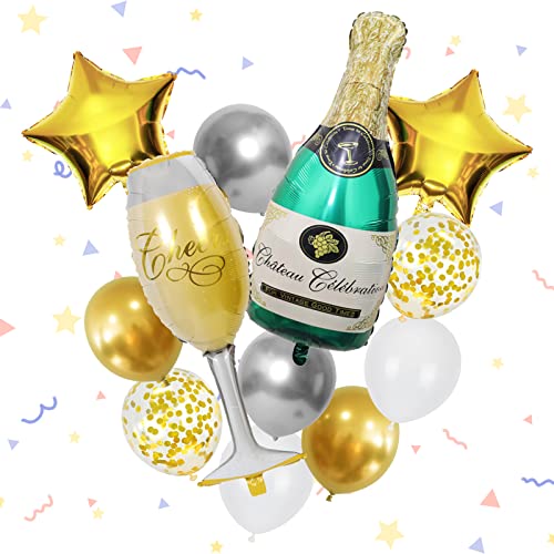 Teselife Champagner Flasche Weinglas Feier Party Ballon Set, Metall Latex Ballon Geburtstag Party Baby Shower Supplies, Gold Aluminiumfolie Pentagramm Ballon (Gold & Grün) von Teselife