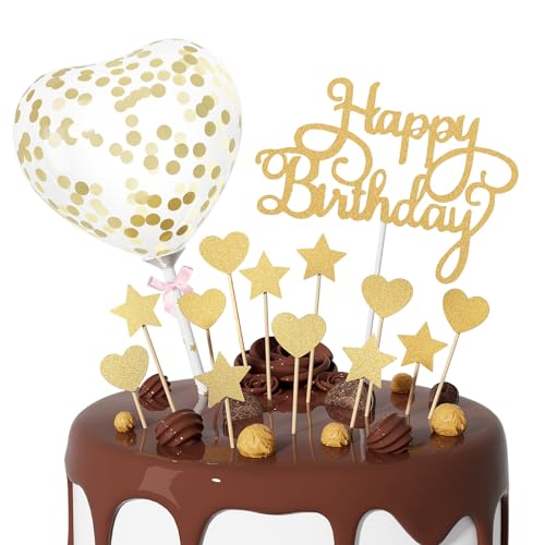 Tortenaufsätze, goldfarben, "Happy Birthday"-Kuchenaufsätze, Happy Birthday-Schild mit Stern-Herz-Cupcake-Topper, Luftballons für Jungen, Mädchen, Frauen, Jahrestag, Party-Dekorationen, 14 Stück von Teselife
