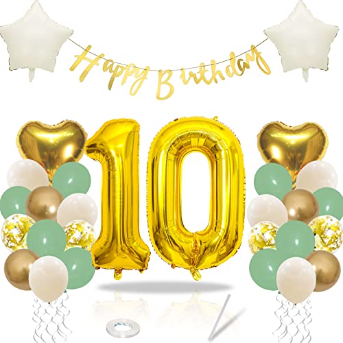 10 Geburtstag Mädchen Junge, Grün Gold Deko 10. Geburtstag, Luftballons 10 Geburtstag mit Folienballon 10, Happy Birthday Girlande Banner für Dschungel 10 Jahre Kindergeburtstag Party Dekoration von Teslite