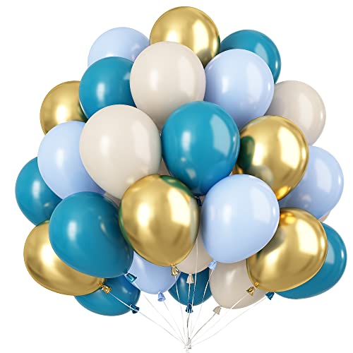 60Stück Luftballons Blau, Türkis Pastell Blau Beige Creme Helium Latex Ballons Set mit Metallic Gold Luftballon Turquoise Macaron Blau Weiss Sandweiß Partyballon für Hochzeit Geburtstag Babyparty Deko von Teslite