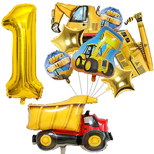 Bagger Deko Kindergeburtstag 1, Baustelle Geburtstag Deko 1 Jahre mit XXL Luftballon 1. Geburtstag Druck Bagger Luftballons Truck Happy Birthday Folienballons für Bagger Geburtstagsdeko 1 Jahre Junge von Teslite