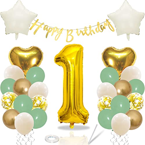 Geburtstagsdeko 1 Jahr Junge Mädchen, 1. Geburtstag Deko Grün Gold, Luftballon 1. Geburtstag Dekoration mit Happy Birthday Girlande Erster Geburtstag für Dschungel Safari Kindergeburtstag Party Deko 1 von Teslite