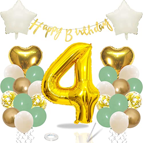 Geburtstagsdeko 4 Jahre Junge Mädchen, Grün Gold 4. Geburtstag Deko, Luftballon 4. Geburtstag Dekoration mit Happy Birthday Girlande Grün Beige Ballons für Dschungel Kindergeburtstag Party Deko 4 von Teslite