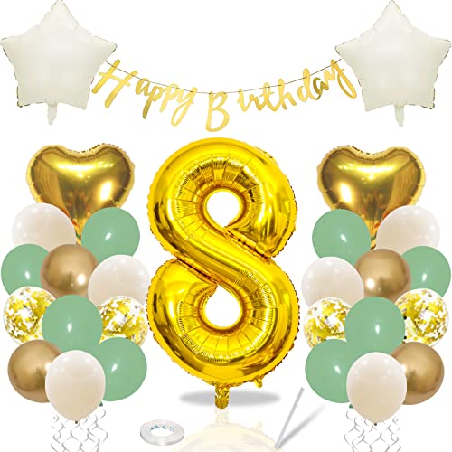 Geburtstagsdeko 8 Jahre Mädchen Junge, Grün Gold 8. Geburtstag Dekoration, Luftballons 8. Geburtstag mit Happy Birthday Girlande Banner Sage Party Ballons für Dschungel Kindergeburtstag Deko 8 Jahre von Teslite