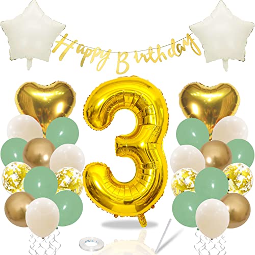 Luftballons 3. Geburtstag Grün Gold, Geburtstagsdeko 3 Jahre, Deko Kindergeburtstag 3 mit Folienballon 3, Happy Birthday Banner, Salbeigrün Beige Ballons für Dschungel Deko 3. Geburtstag Mädchen Junge von Teslite