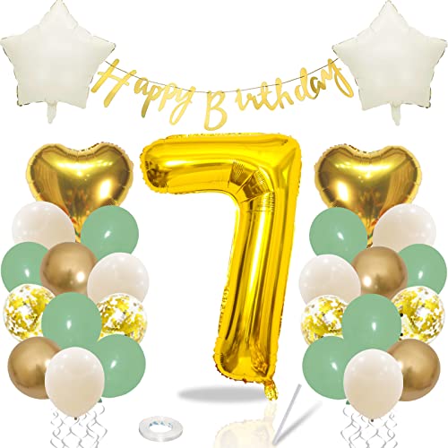 Luftballons 7. Geburtstag Grün Gold, Geburtstagsdeko 7 Jahre, Deko Kindergeburtstag 7 mit Folienballon 7, Happy Birthday Banner, Salbeigrün Beige Ballons für Dschungel Deko 7. Geburtstag Mädchen Junge von Teslite