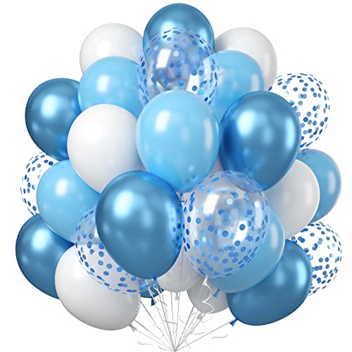 Luftballons Blau Weiss, Hellblau Weiß Metallic Blau Ballon mit Blau Konfetti Helium Ballons, Luftballon Weiße Baby Blau Latex Party Ballons für Kinder Taufe Hochzeit Oktoberfest Geburtstag Party Deko von Teslite
