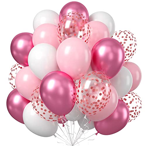 Luftballons Rosa Weiß, 60 Stück Hellrosa Weiss Helium Ballons mit Metallic Rot Luftballon Rosegold Konfetti Party Latex Ballons Set für Mädchen Babyparty Geburtstagdeko Hochzeit Party Dekoration von Teslite