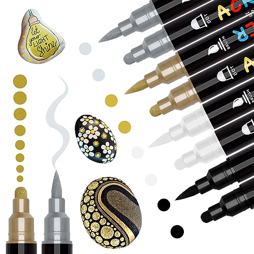 Tesquio Acrylstifte für Steine Wasserfest Dual Brush Tip 8pcs Metallic Marker Stifte Set Steine Bemalen Multimarker Acrylmarker für Holz, Leinwand, Glas, Papier, Keramik Vier Farben von Tesquio