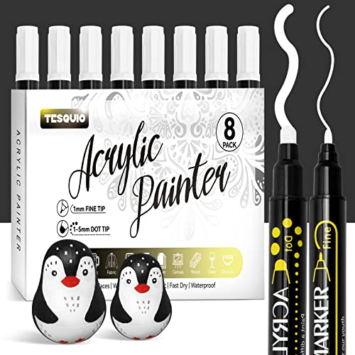 Tesquio Weiß Acrylstifte Dual Tip 8pcs weißer Stift wasserfest Steine Bemalen permanent marker weiß Stifte für Schwarzes Papier, Holz, Leinwand, Keramik von Tesquio