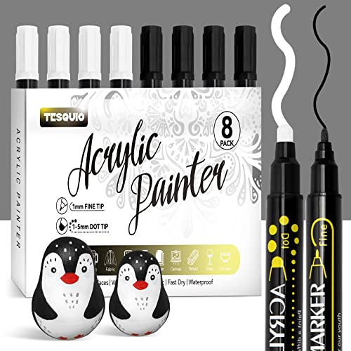 Tesquio Weiß Schwarz Acrylstifte Dual Tip 8pcs weißer Stift wasserfest Marker Stifte permanent marker schwarz weiß Stifte für Schwarzes Papier, Holz, Leinwand, Keramik, Steine Bemalen von Tesquio