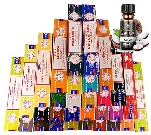 Indische Räucherstäbchen Set 30 x Satya Nag Champa, zufällige Düfte a 15g + EIN original Teufelsküche Premium Duftöl von Teufelsküche