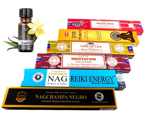 Räucherstäbchen Set + Duftöl von Teufelsküche | Black Nag Champa und mehr | Unser Lieblingsset | 6 Packungen a 15g | Die 6 schönsten Düfte für Sie ausgewählt! von Teufelsküche