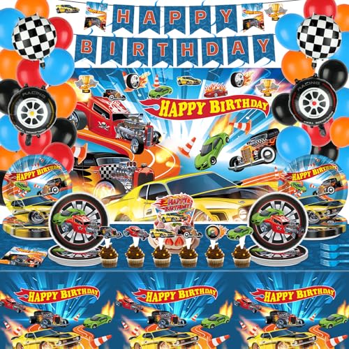 153 Stück Hot Race Car Happy Birthday Party Dekorationen Rennwagen Geschirr Set Racing Pappteller Servietten Hintergrund Tischdecke Banner Ballon Kuchen Topper Hängende Wirbel für Kinder Jungen von Tevxj
