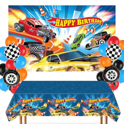 30 Stück Hot Car Geburtstag Party Dekorationen Rennwagen Hintergrund Banner 1,9 x 1,1 m Racing Kunststoff Tischdecke Räder Karierte Flagge Folienballons für Kinder Jungen Rennfahrer Babyparty Dekor von Tevxj