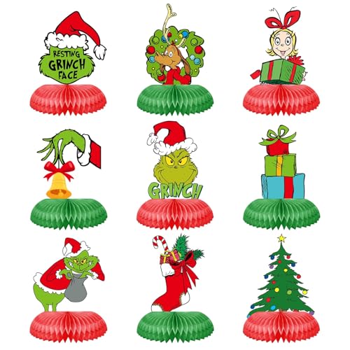 9 Stück Weihnachts-Tischaufsätze mit Wabenmuster, grüne Elfe, lustige grüne Whoville-Tischaufsätze für den Winterurlaub, Weihnachtsdekoration, Partyzubehör von Tewess