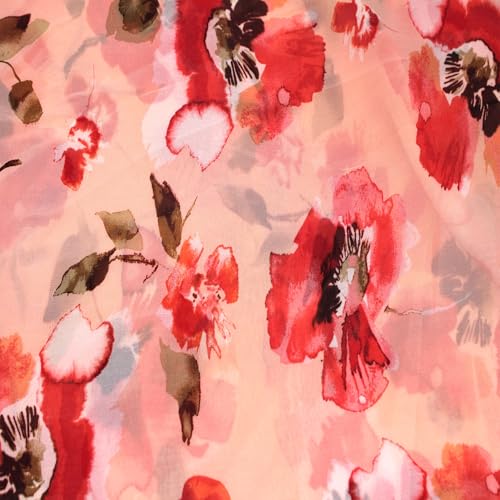 Texco Inc 147,3 cm breiter bedruckter Hi-Multi-Chiffon-gewaschener Stoff, nicht dehnbar, leicht, 85 g/m², atmungsaktiv und knitterfrei, für Bekleidung, Vorhänge und DIY-Projekte, Pfirsich-Hot Coral 91 von Texco