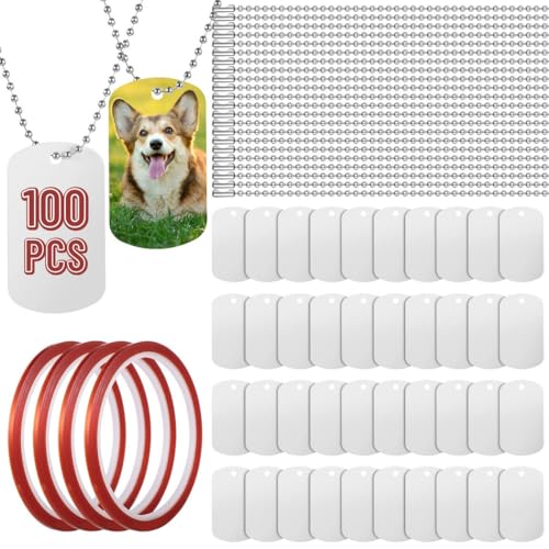 100 Stück Aluminium-Sublimations-Hundemarken, doppelseitiger Druck, mit 59,9 cm zuschneidbaren Kugelketten, Metall-Schlüsselringen und Wärmeband für individuelle Bastelarbeiten 100 Stück Aluminium-Sublimations-Hundemarken, doppelseitiger Druck, mit 59,9 cm zuschneidbaren Kugelketten, Metall-Schlüsselringen und Wärmeband für individuelle Bastelarbeiten von Texvora
