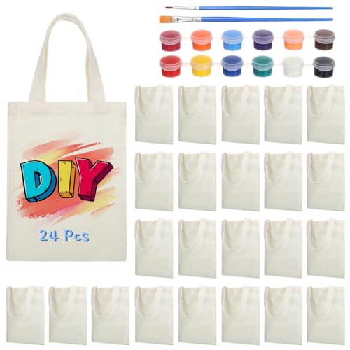Mini-Leinentaschen, blanko Taschen für Kinder, wiederverwendbare Handtaschen mit 12-farbigem Acrylfarben-Set, niedliche Geschenktüten für Kunst und Handwerk, 24 Stück von Texvora