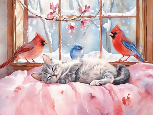 5D Diamond Painting Katze, Vogel Diamond Painting Erwachsene Bastelset DIY Vollbohrer Diamant Kunst Sets Gem Kreuzstich Einfache Kits für Anfänger, Crystal Malerei Home Wand Dekor 45x60cm, Model297 von Tgllzzca