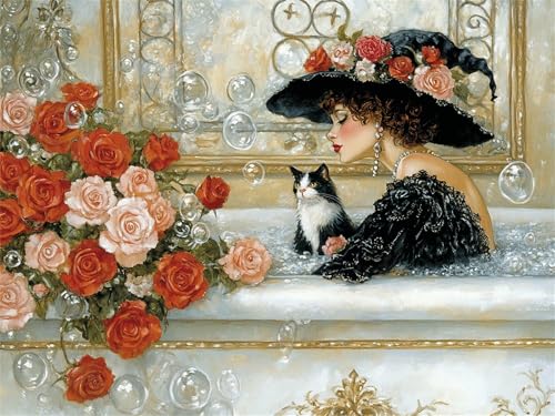 Diamond Painting Frau Diamond Painting Erwachsene Katze, DIY Runder Full Drill Anfänger Diamant Kreuzstich Kunsthandwerk, Mosaikherstellung, Kreativ Set für Erwachsene Home Wand Dekor 70x90cm, Model1 von Tgllzzca