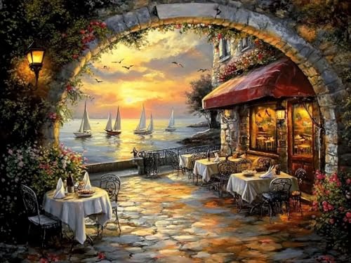 Diamond Painting Kleine Stadt Diamond Painting Erwachsene Cafés, DIY Runder Full Drill Anfänger Diamant Kreuzstich Kunsthandwerk, Mosaikherstellung für Erwachsene Home Wand Dekor 80x100cm, Model286 von Tgllzzca