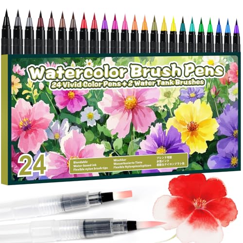 ThEast 24 Aquarellpinsel Stifte + 2 Wassertankpinsel, Aquarell Pinselstifte für Bullet Journal, Handlettering, Kalligraphie, Aquarellmalerei, Brush Pen Set für Künstler & Anfänger von ThEast