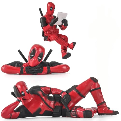 Thapncow Lustiger Anime Deadpool Anime Auto Innendekoration Zubehör, Deadpool Figuren Kuchen Dekoration, PVC Modell Spielzeug, 3 Stück Mini Figuren Set Cake Topper, Marvel-Geschenke für Männer von Thapncow