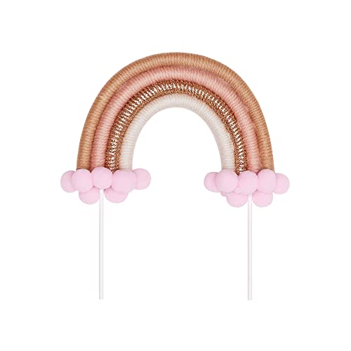 The Baked Studio – Boho geflochtener Regenbogen- und Wolken-Tortenaufsatz zum Dekorieren von Kuchen für Geburtstage, Babypartys, Taufen (Boho Rainbow – Light Pink & Gold) von The Baked Studio