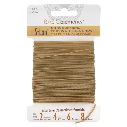 The Beadsmith S-Lon Nylon-Perlenfaden, 4 Größen Sortimentskarte (0,12 mm, 0,3 mm, 0,4 mm, 0,5 mm), Khaki, je 9 m, starke und flexible Schnur von The Beadsmith